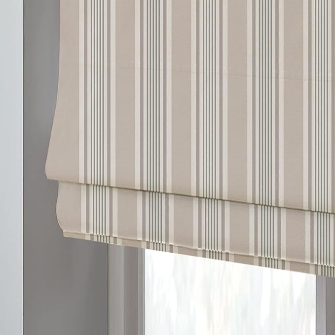 Roman Shade with White And Tan Stripes