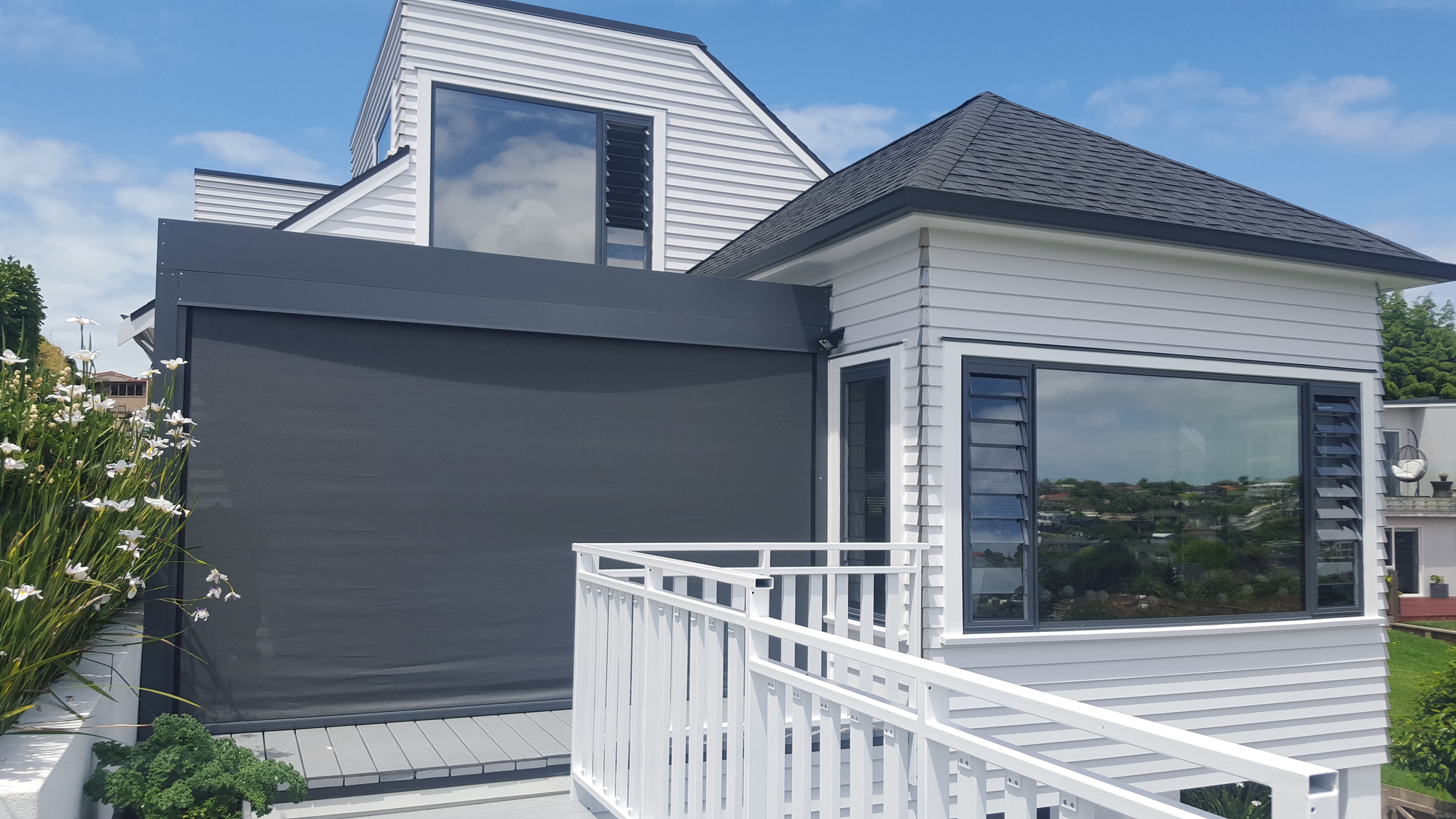 motorized outdoor shades with side tracks