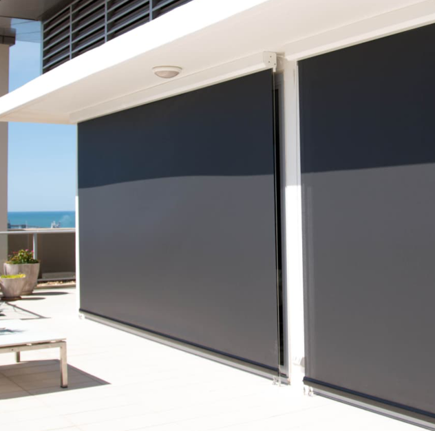 10' X 8' exterior roller shade with stainless steel wire guides