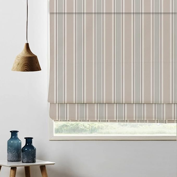 Roman Shade with White And Tan Stripes